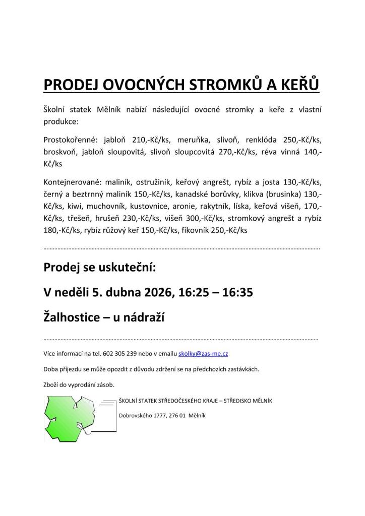 prodej ovocných stromků a keřů